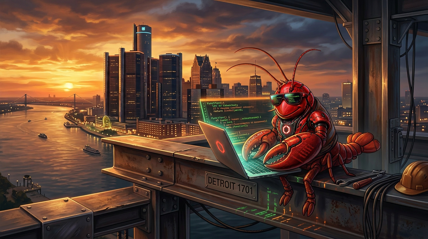 Agentic Detroit — lobster mascot building AI agents on a steel beam overlooking the Detroit riverfront at sunset